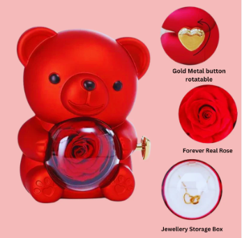 Forever Rose Bear W/Promise Heart Necklace, Rose Bear With Box And Necklace